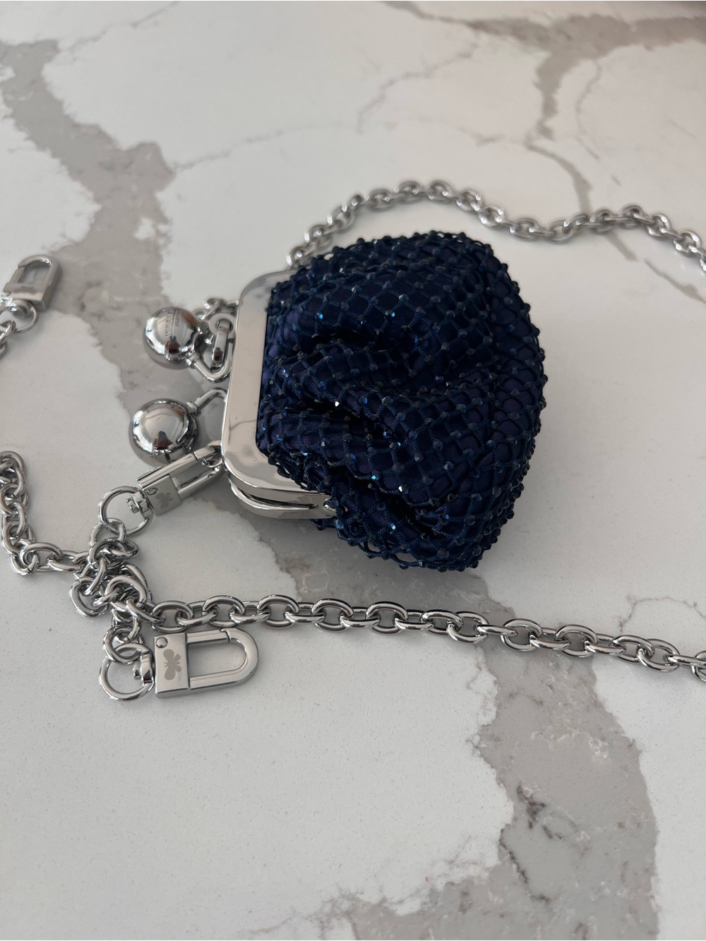 Weekend Max Mara Navy Beaded Mini Bag with Silver Chain